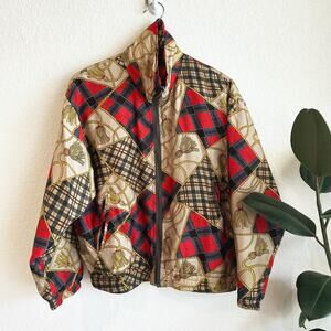 VTG Stunt Sports Silk‎ Bomber Jacket (Small P) Equestrian Print Old Money Preppy